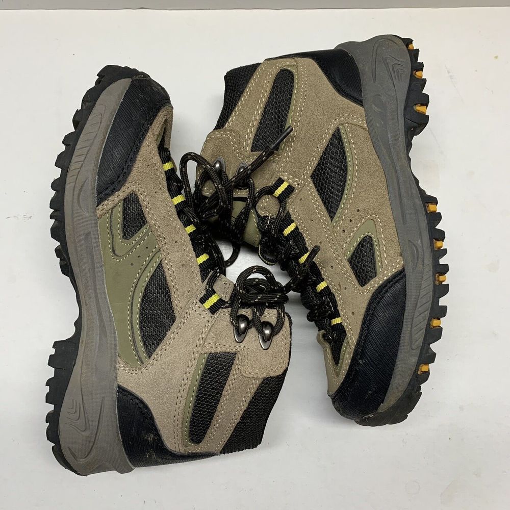 Denali Kids Youth Suede Leather Hiking Boots Size 1 Tan Black Yellow High Top